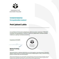 Ravitsemusterapia, ravitsemusterapeutti, Terveystieteiden maisteri. PLuS Nutriotion, palvelut etänä. Petri Luhio, maisterin tutkintotodistu