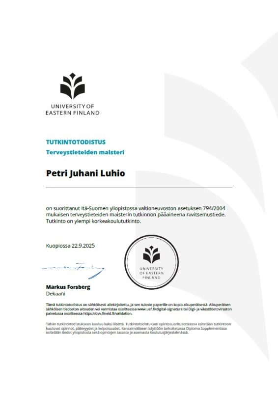 Ravitsemusterapia, ravitsemusterapeutti, Terveystieteiden maisteri. PLuS Nutriotion, palvelut etänä. Petri Luhio, maisterin tutkintotodistu