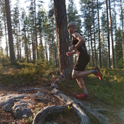 Plus Nutritionin ravitsemusterapeutti juoksemassa kesäisellä Puijon polulla.