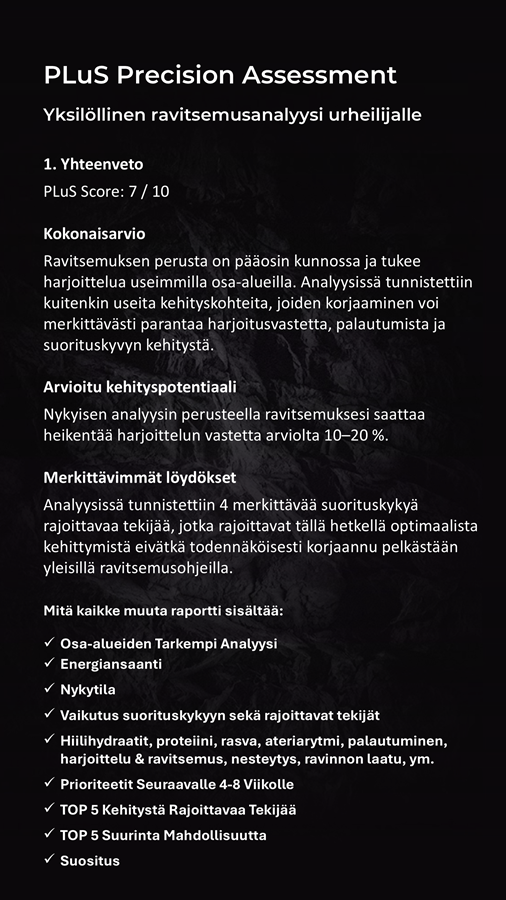 PLuS Precision Assessment esimerkki., PLuS Foundation. Urheiljan ravintovalmennus. Analyysin tuloskortti,